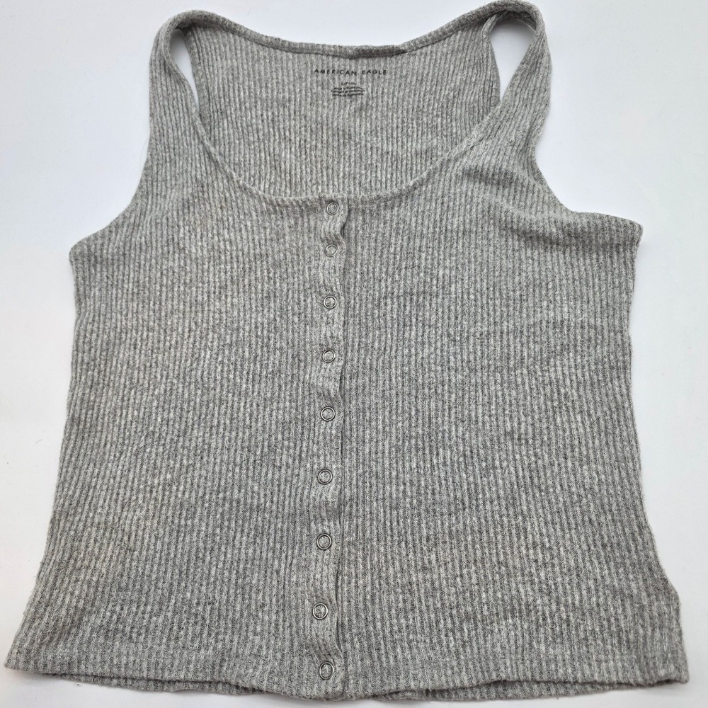 American Eagle Y2K Tank Top Women‎ S Grey Ribbed Button Front Scoop Neck Beach